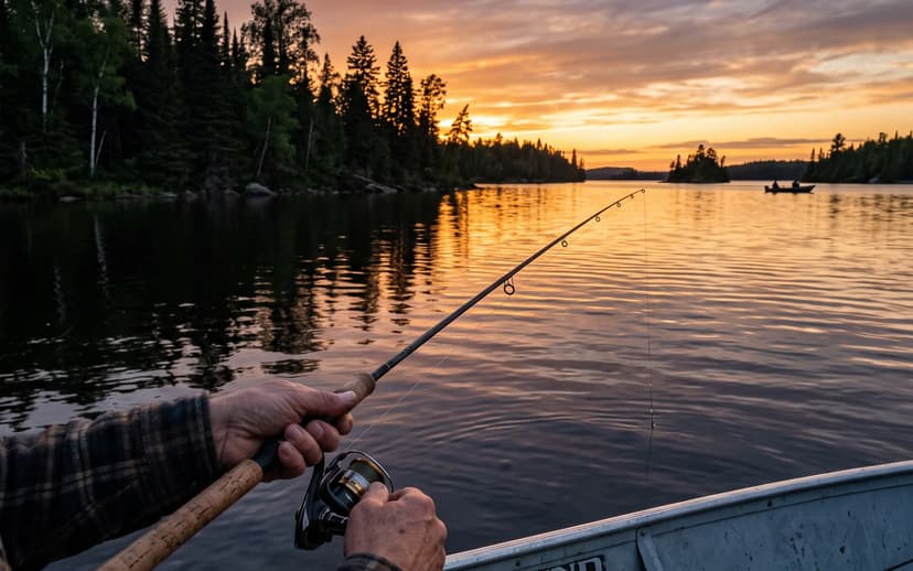 Fishing at sunrise from a Lund boat on a northern Minnesota lake